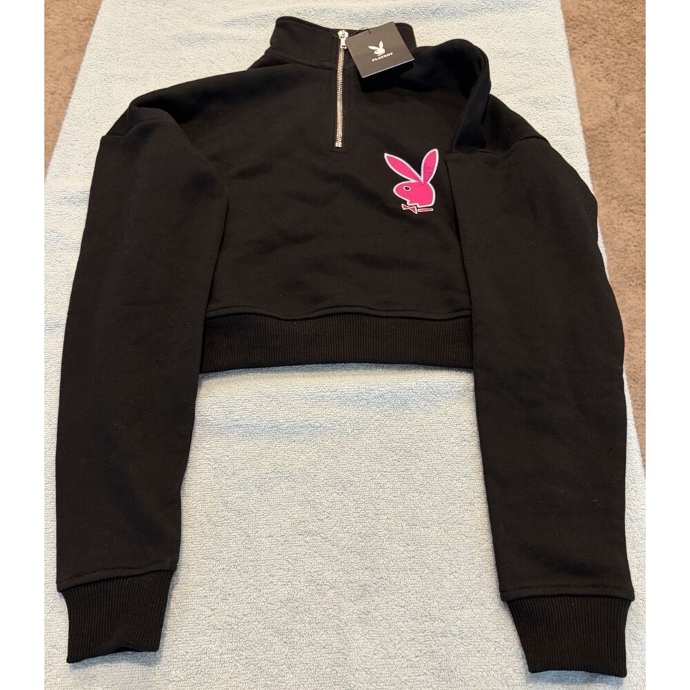 Playboy Women’s Cropped Quarter Zip Sweatshirt Black Pink Bunny XS NWT